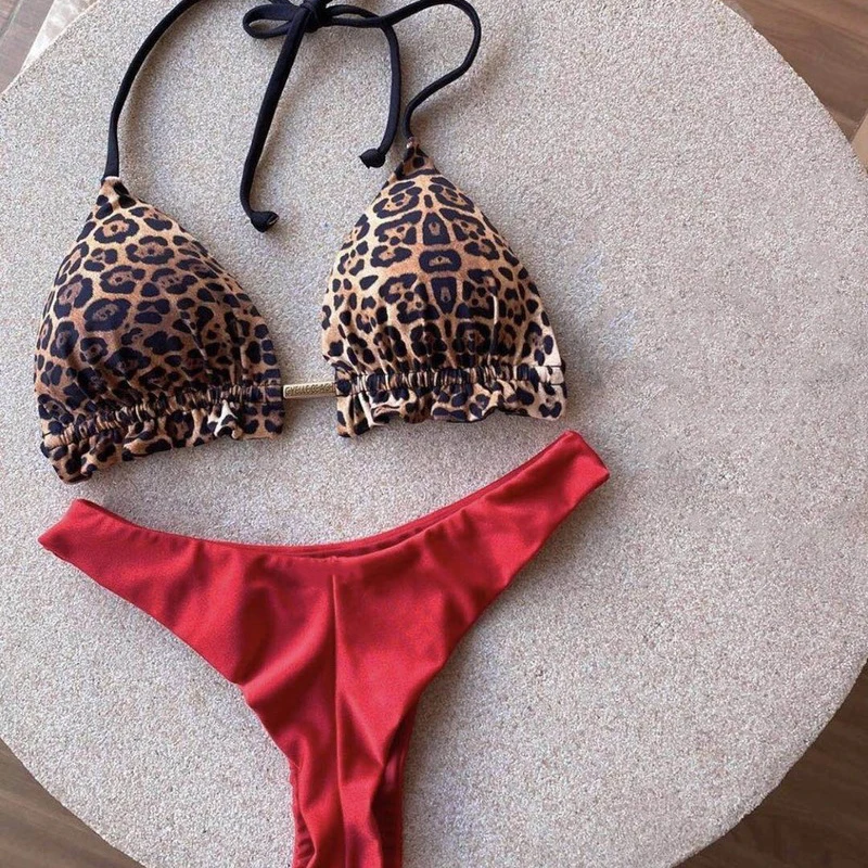 

2021 Leopard Print Stitched Bikini Women's Swimsuit Backless Swimsuit Bikini 2 Piece Set Women