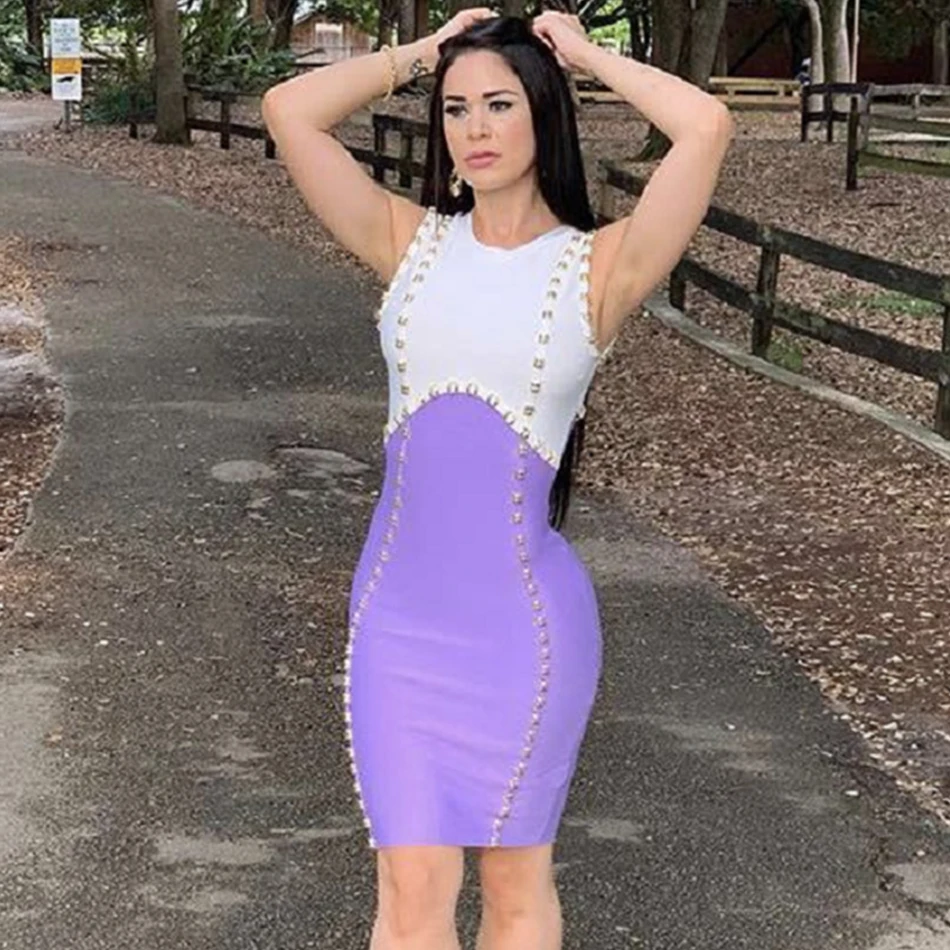 Summer new 2021 hot elegant beaded decoration sexy red stitching tight bandage dress women's celebrity party | Женская одежда