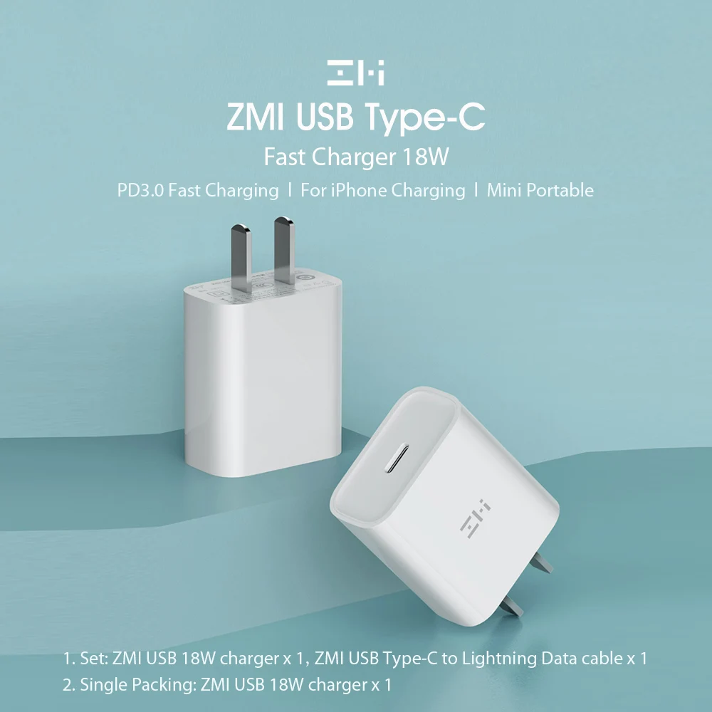 Xiaomi ZMI usb type-C быстрое зарядное устройство с USB-C кабелем для передачи данных 18 Вт портативный адаптер для телефона мини зарядное устройство для путешествий настенное зарядное устройство