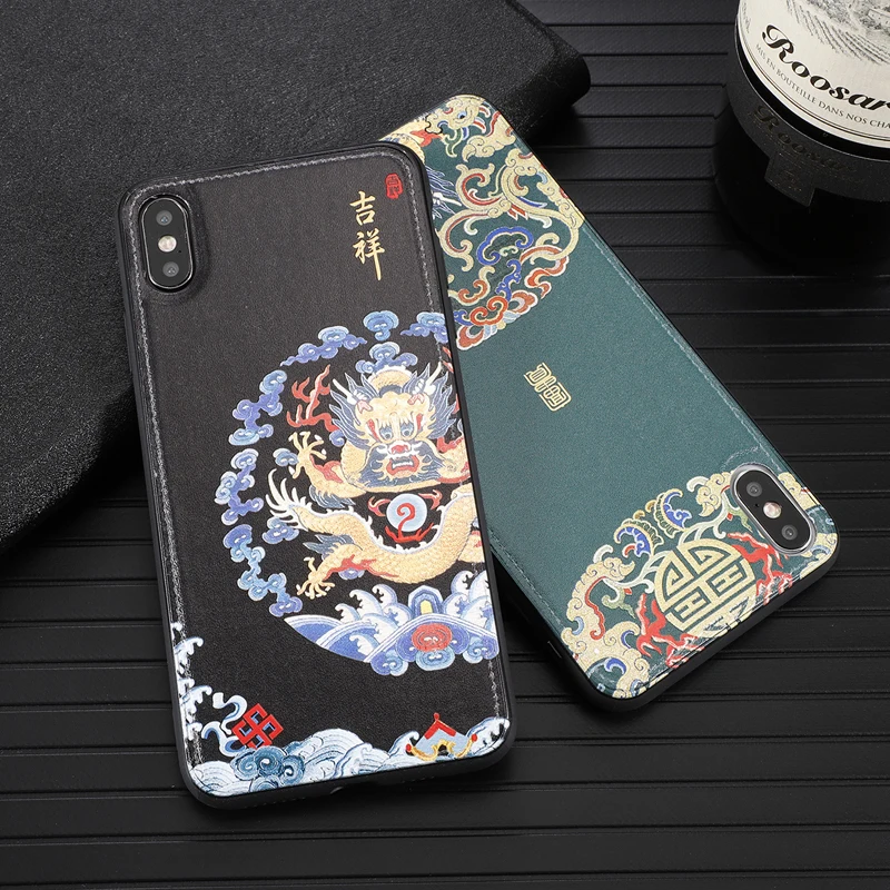 Chinese style case for iPhone x xr xs max 6 6s 7 8 plus phone cover Skin texture Dragon phoenix |