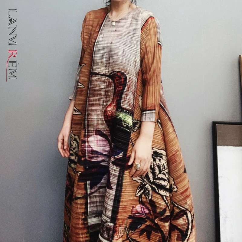 LANMREM 2021 Новое Осеннее плиссированное платье средней длины с круглым воротником и