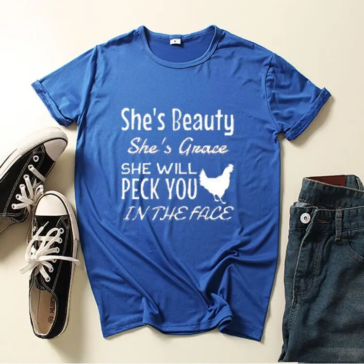 

She Will Peck You Chicken Print T Shirt Women Short Sleeve O Neck Loose Tshirt Summer Women Causal Tee Shirt Tops Clothes Mujer