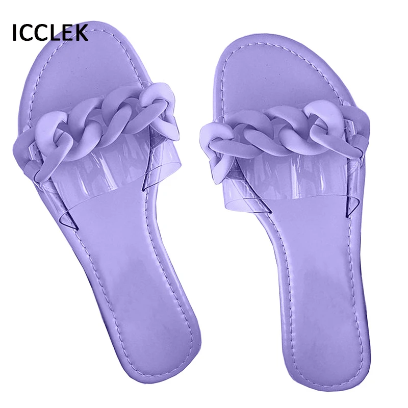 Flat Slippers Women Summer Candy Color Transparent Ladies PVC Chain Beach Sandals Slides Casual Flip Flops Jelly Shoes | Обувь