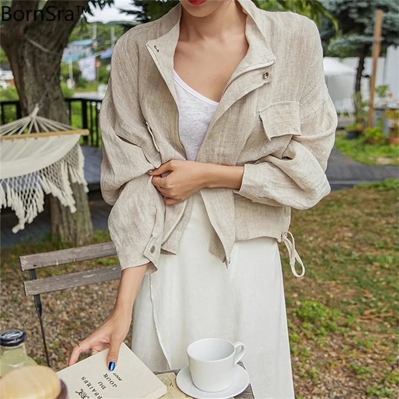 Куртка Bornsra Женская с воротником-стойкой повседневные свободные карманы карго из