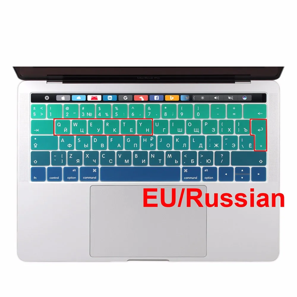 Чехол для клавиатуры Европейского русского языка для MacBook Pro 13 15 с сенсорной панелью, силиконовая кожа A1706 A1707, русская/английская кириллица - Цвет: Gradient Green