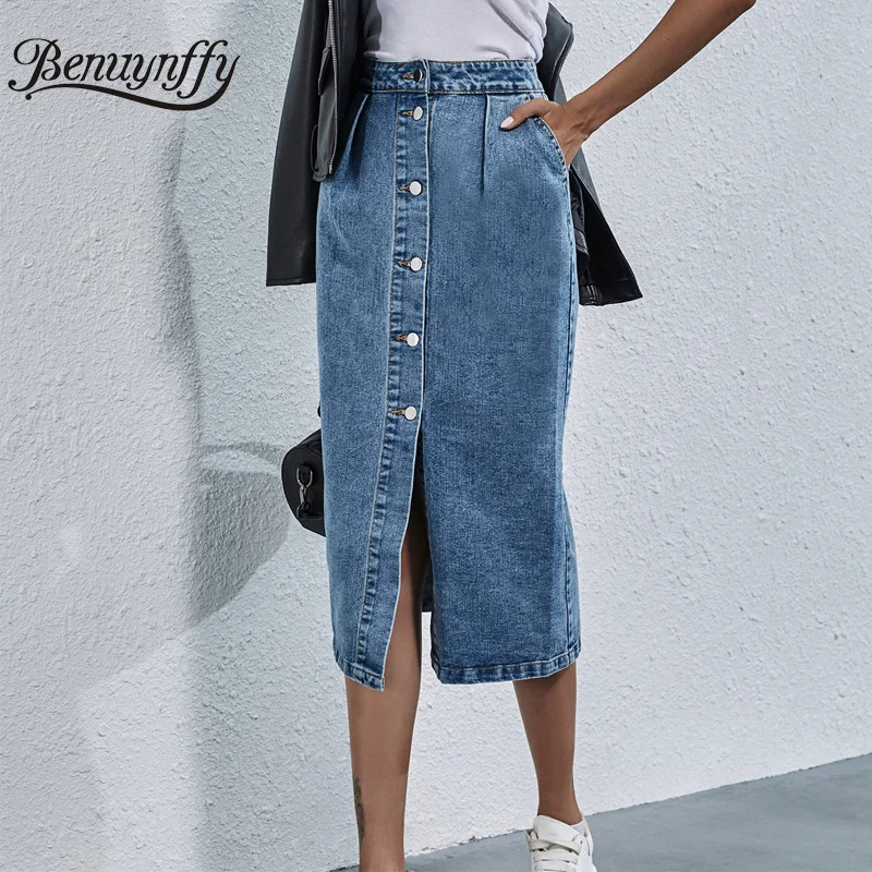 Benuynffy Single Breasted Knee Length Denim Skirt Women Streetwear Casual Pocket High Waist Straight Jeans Skirt New