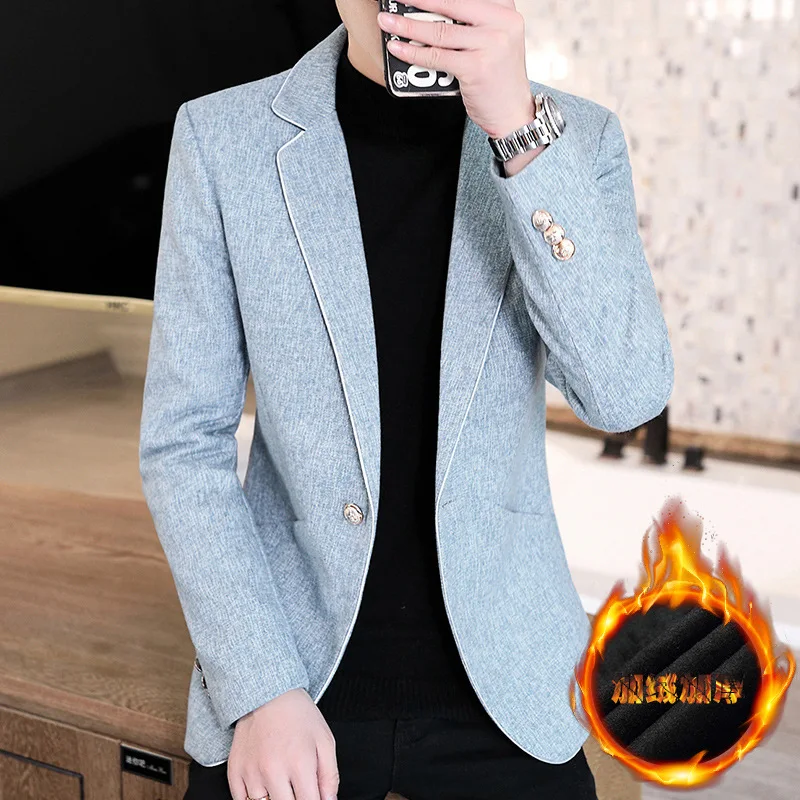 2021 Men's Fleece-Lined Thickened Woolen blazer Youth New Autumn and Winter Solid Color | Мужская одежда