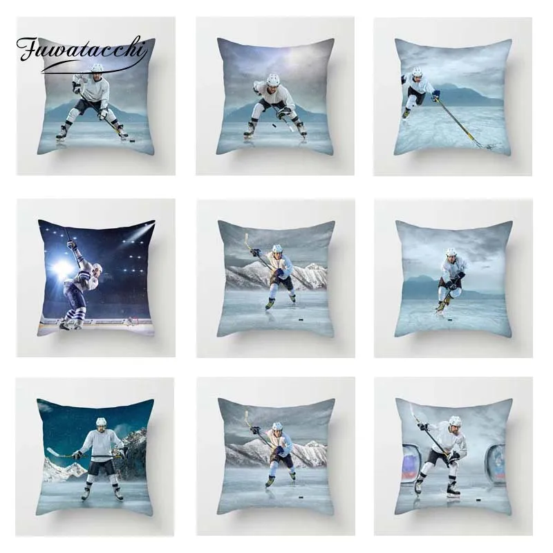 Спортивная наволочка для хоккея с шайбой Fuwatacchi белая синяя квадратная чехол