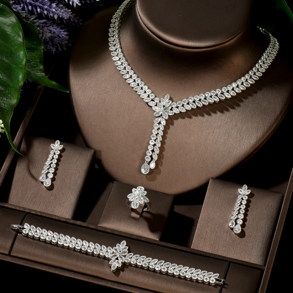 

HIBRIDE Fashion Leaf Design Bridal Jewelry Sets Wedding Jewelry Party Accessories Bijoux Femme Set Jewelry With Zircon KC-12