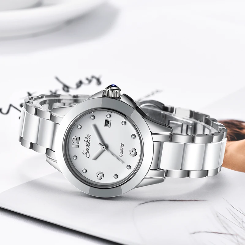 Reloj Mujer 2021New SUNKTA модные керамические женские часы серебристые браслет