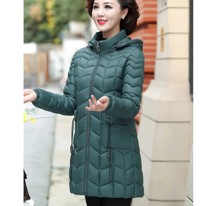 

Autumn Winter Women New Cotton Padded Warm Coat Long-sleeved Solid Color Elegant Hooded Female Casual Loose Mid-length Jacket