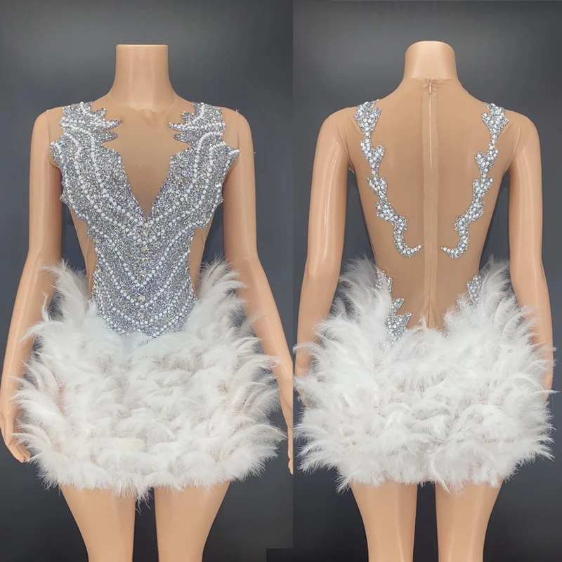 

Rhinestone Mesh Feather Stretch Short Dress Sexy Sleeveless Pearl Diamond Dress Birthday Celebrate Outfits Dancer Costume XS3531