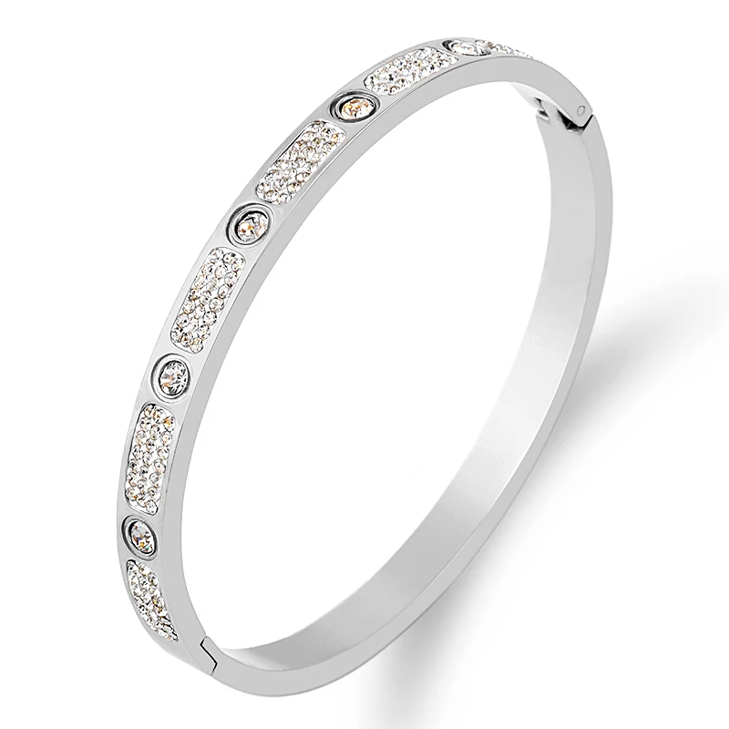 

Nice Rhinestone Bracelet 2021 New Titanium Silver Color Bangles Round Crystals Bracelets For Women Jewelry Wedding Party Bijoux