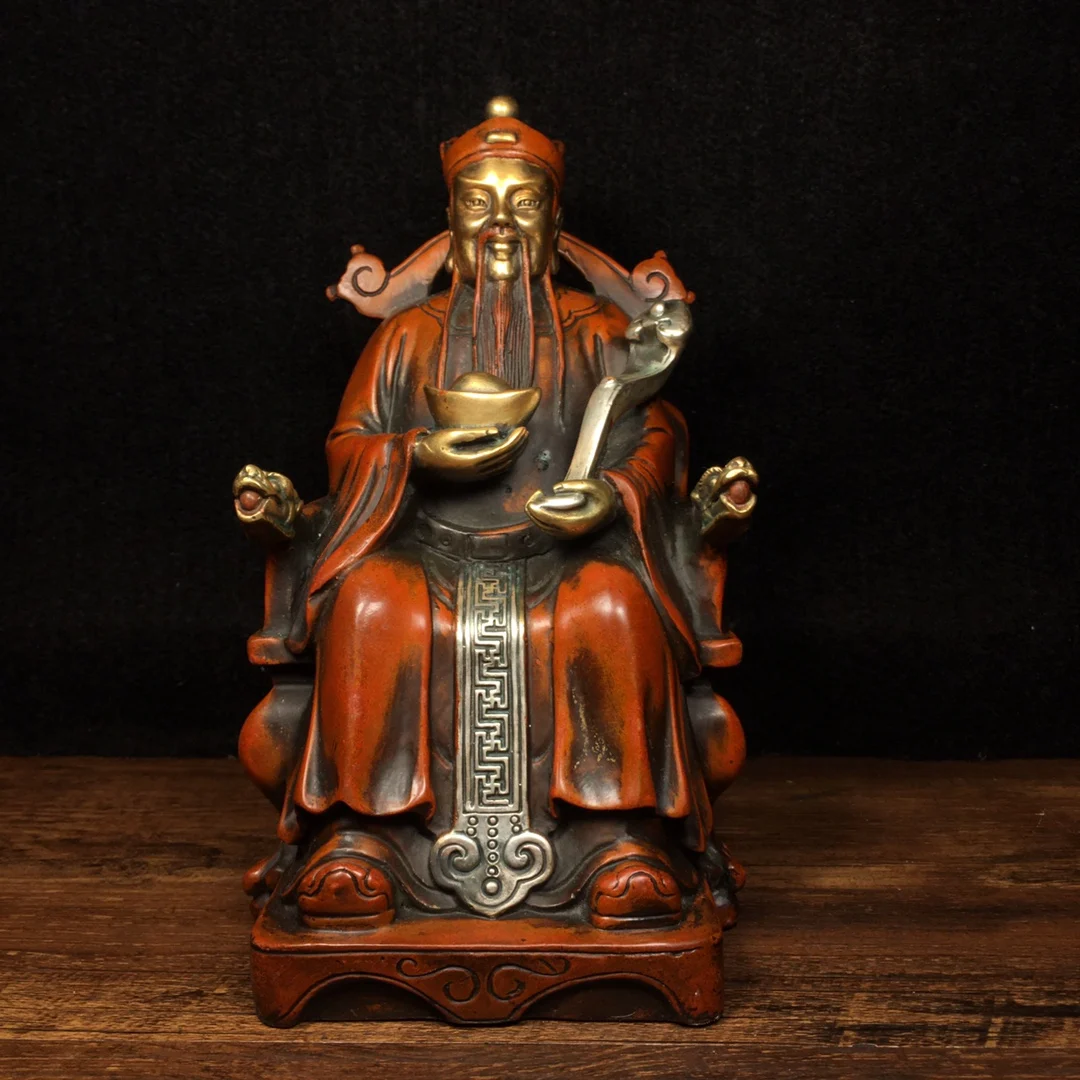 

7"Chinese Folk Collection Old Bronze Gilt Real gold silver God of Wealth Wishful Ingots Ornaments Town House Exorcism