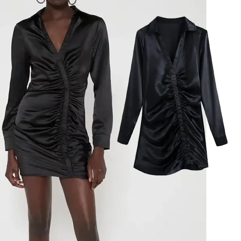 

Women Elegant Mini Dresses Za 2021 Fashion Spring Sexy Long Sleeve Office Lady Silk satin Dresses Slim Pleated Dress Vestidos