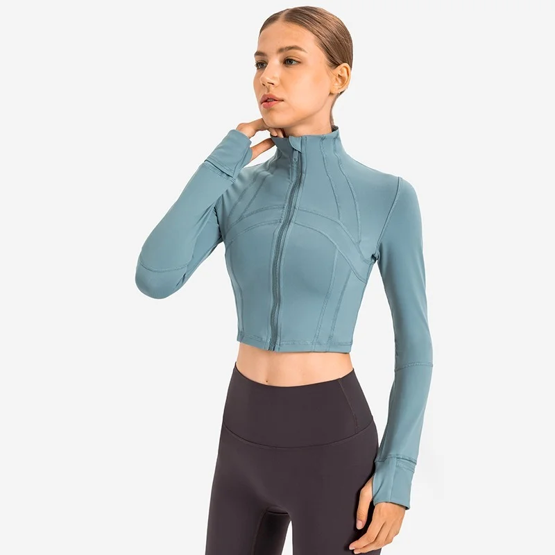 

Women Sports Jacket Outerwear Fitness Gym Yoga Sport Stretch Slim Coat Jackets Stand-up Collar Windproof Zipper Crop Top