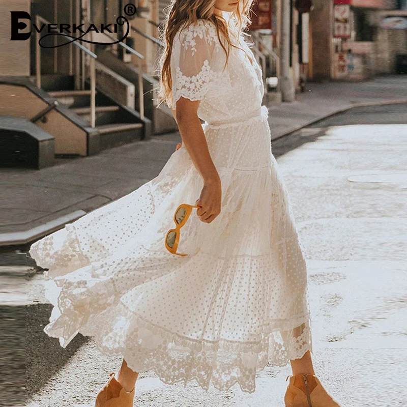 Everkaki кружево шикарное длинное платье женская летняя обувь в богемном стиле Vestidos