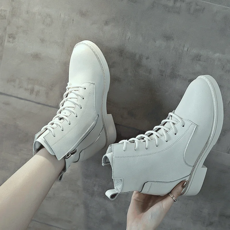 

Swyivy Genuine Leather Sneakers Whtie Shoes Women Increased Martin Boots Black Fashion Autumn Ankle Boots for Women