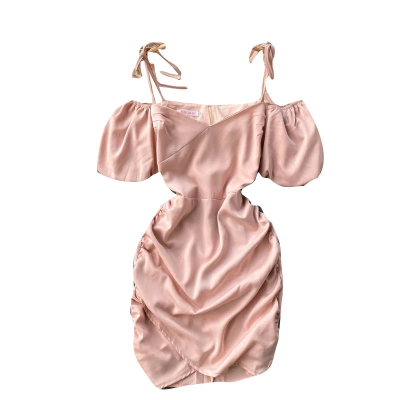 

ZQLZ Summer Pink Black Dress Women 2021 V-Neck Mini Puff Sleeve Bandage Dresses Club Slim Bodycon Folds Ladies Sexy Vestidos