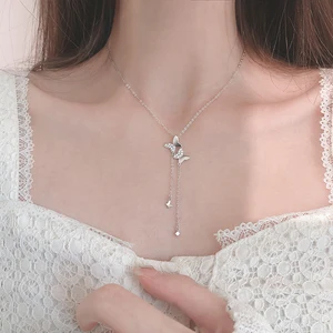 Женское колье из серебра 925 пробы, с длинной кисточкой и бабочкой