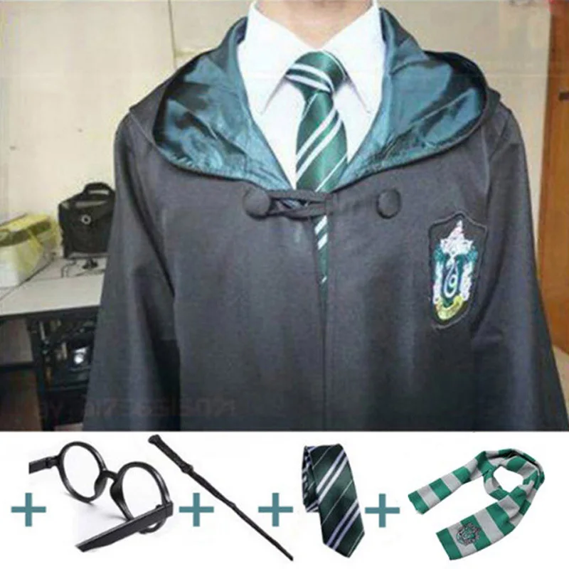 Slytherin 5pcs set Костюм из Поттера, одежда, галстук, шарф, палочка, очки, шляпа Ravenclaw Gryffindor Hufflepuff Slytherin Potter, косплей, халат, плащ E2103AD - Цвет: Slytherin 5pcs set