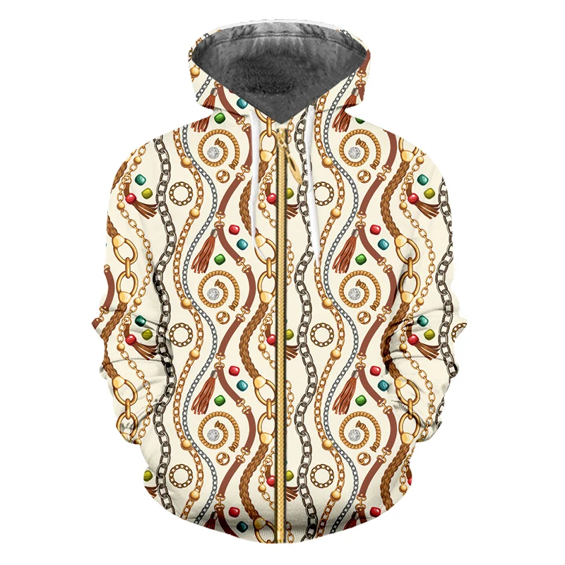 

EU Size New Zipper Sweatshirts 3d Pearl/golden/silver Chains Printed Novelty Streetwear Casual Cool Unisex Fall Winter Wholesale