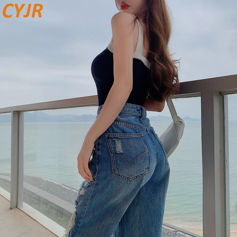 

High Waist Jeans Straight Leg Design Ripped Detailing On The Front Causal Vintage Denim Pants Zip Fly Metal Top Button Fastenins