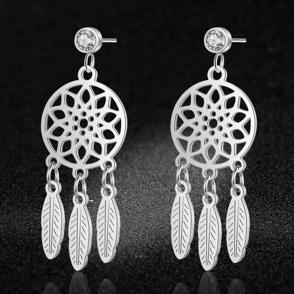 Wholesale Boho Feather Lotus Dream Catcher Drop Earring for Women - 100% Stainless Steel Bohemia Fashion Jewelry image 2