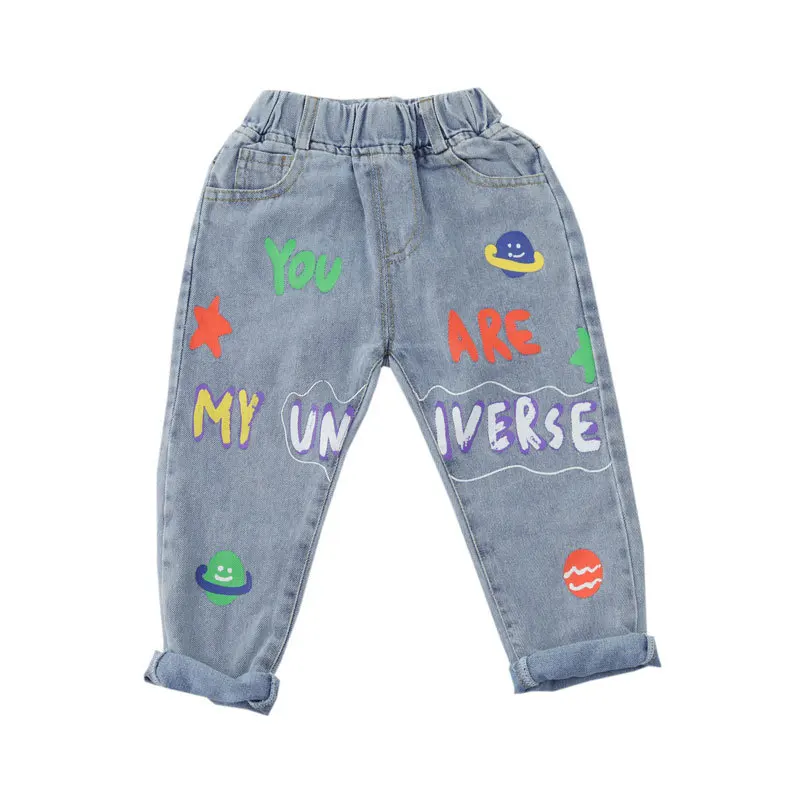

Fsahion Spring Autumn Jeans For Girls Casual Pants For Boys Straight Wide Printed Cartoon Patterned Jeans Unisex Popular 2021