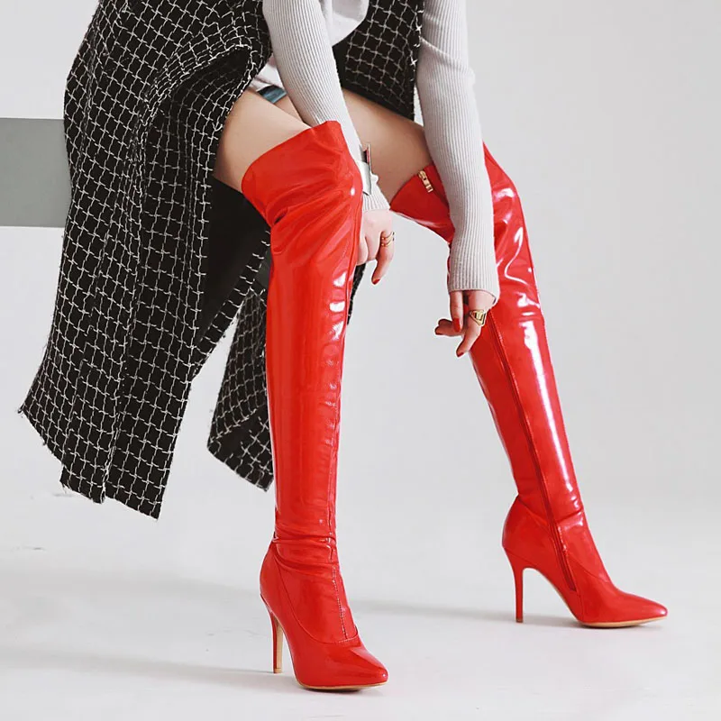 Женские ботинки Лакированная кожа с острым носком в стиле панк на высоком тонком