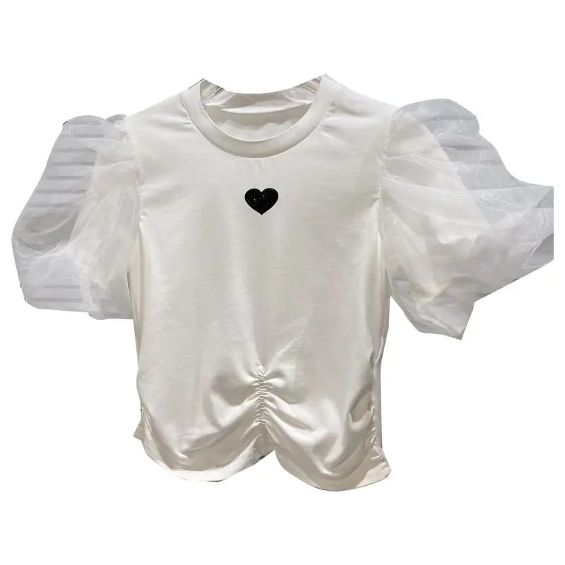 

2021 Summer New Printed Mesh Bubble Sleeve Slim Temperament Short Sleeve T-shirt Women Harajuku Short Tshirt Crop Tops Girls Tee