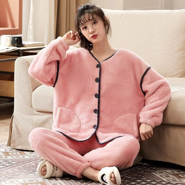 Женский пижамный комплект, фланелевая зимняя теплая плюшевая Домашняя одежда, милая однотонная мультяшная плюшевая утепленная Пижама, одежда для сна