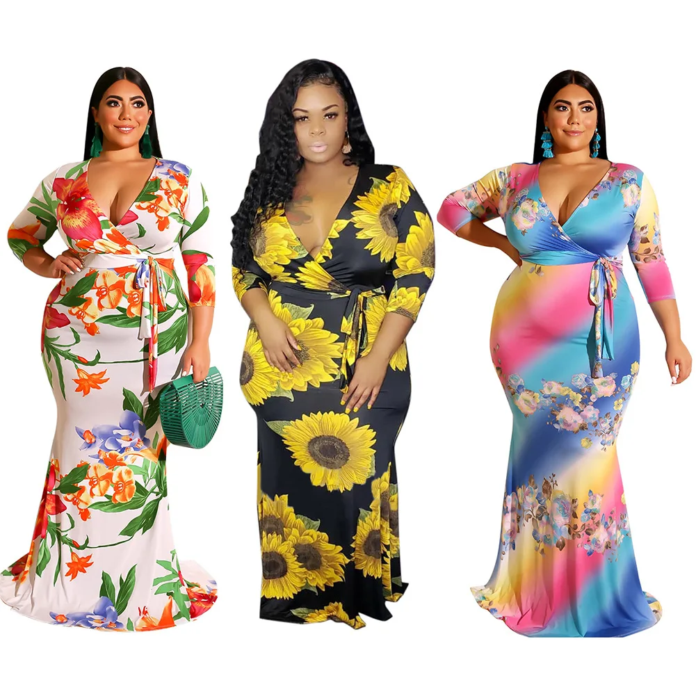 Женское длинное облегающее Макси платье с цветочным принтом и поясом в