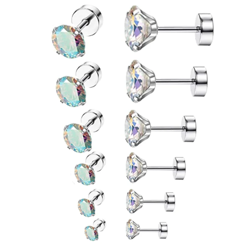 1Pair Stainless Steel 3-8Mm Crystal Ear Piercing Stud Earrings Cz Women Small Stud Earrings With Flat Back Screw Stud Earrings