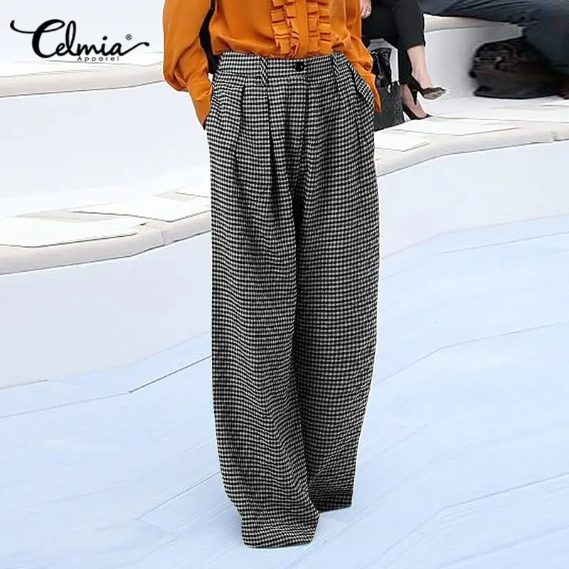 

2022 Celmia Autumn Women Plaid Trousers Vintage Checked Long Pants Fashion Casual High Waist Pockets Pleated Wide Leg Pantalone