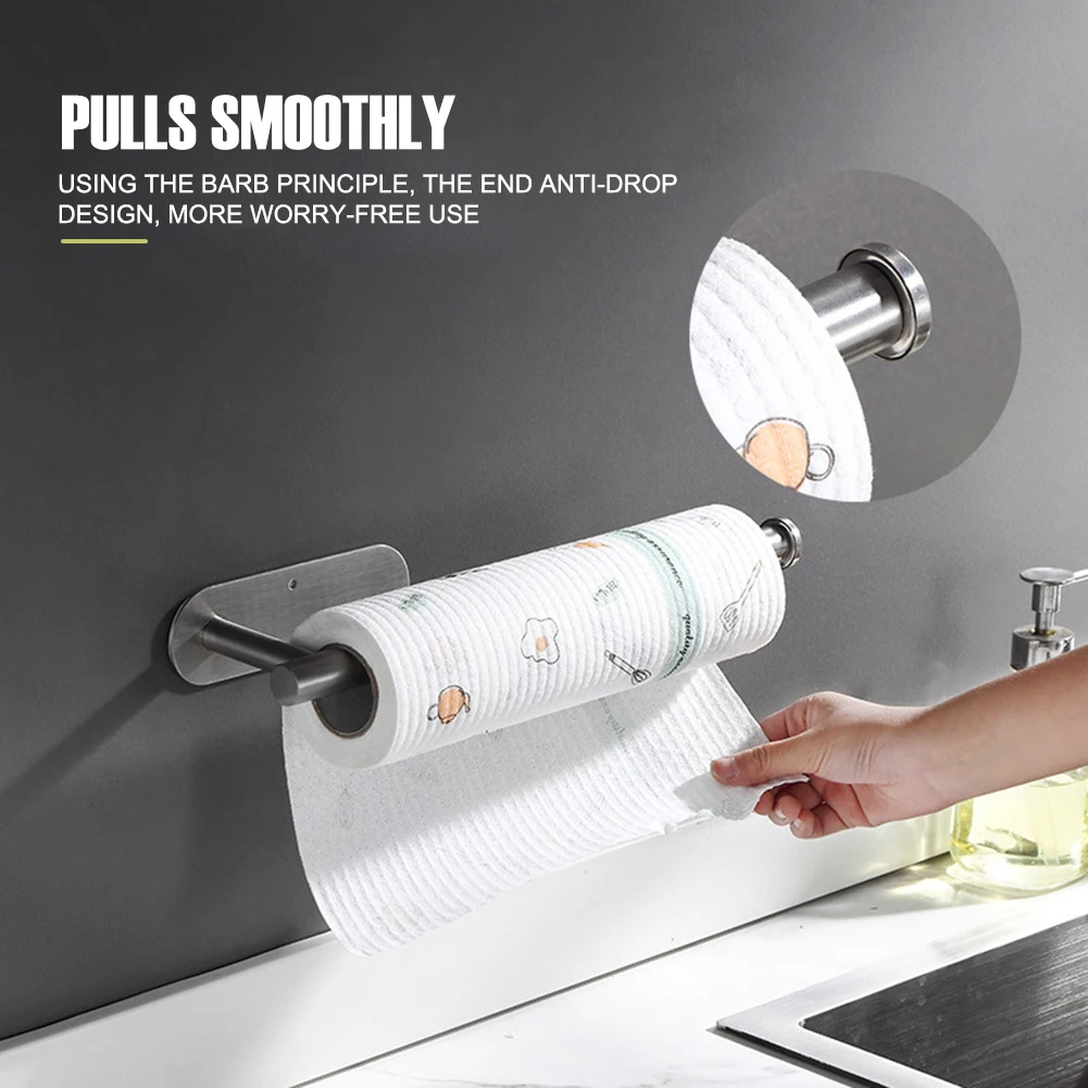 

New Hot Fashion Self-adhesive Tissue Roll Holder Paper Towel Rack Stainless Steel Roll Paper Organizer Kitchen Bathroom Silver
