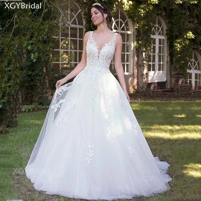 

Новое поступление Свадебные платья с v-образным вырезом из 2021 Аппликация Кружева Свадебные платья с бусинами трапециевидной формы Свадебны...