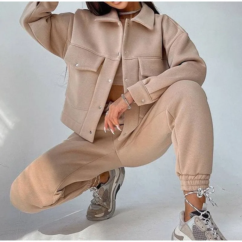 

New Autumn Winter Fashion Female Warm Suit Turn-Down Collar Jacket And Drawstring Trouser Tracksuits Women Casual Two Piece Set