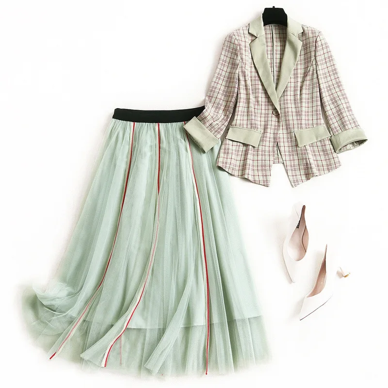 

Skirt Suit Woman 2 Piece Set Elegant Long Sleeve Plaid Blazer Mesh Pleated Maxi Skirt Jackets Office Set