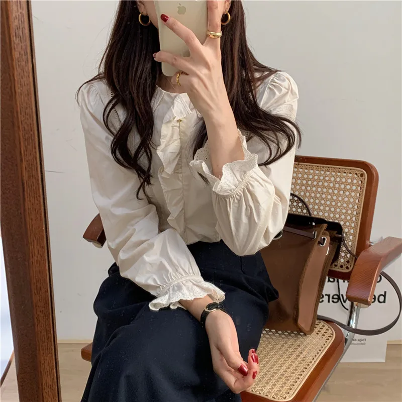

Pleated Elegant Blouse Women Lace Ruffles Korean Spring Shirts Office Lady Long Sleeve Casual Cotton Tops O-Neck Loose Vintage