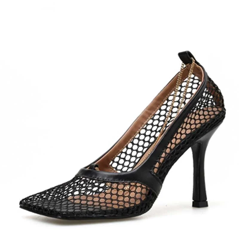 

Size 35-42 Sexy Mesh Women Pumps Sandals Square High Heel Chain Stiletto Hollow Party Dress Pumps Shoes 7CM 9CM Shoes for Women