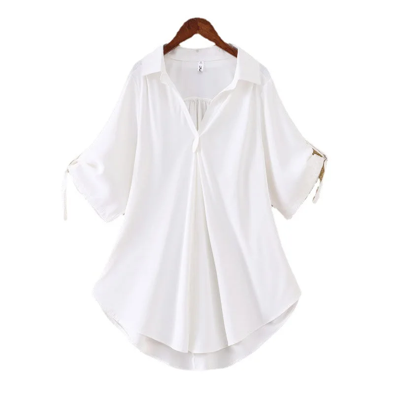 

2021 Cross-border women's wear summer new V-neck solid-colored loose chiffon top large size short-sleeved shirt