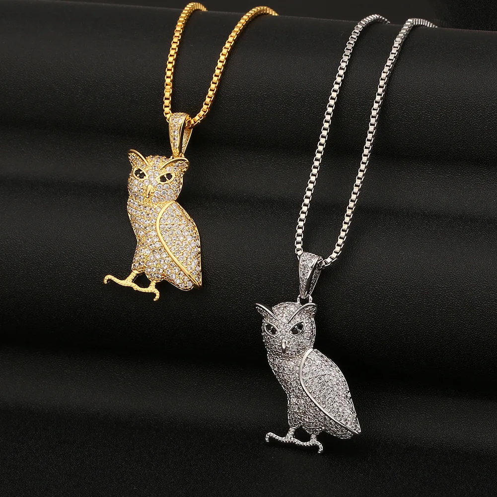 

HEYUE Trend Personality Hip Hop Couple Necklace Copper Gold Plated Silver Full Diamond Owl Pendant Accessories Jewelry Gift