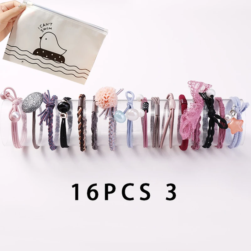16pcs 3 8/12/16/20/25 шт. Для женщин; обычная блузка для девочек; платье с жемчужинами; резинка для волос, обтянутая тканью; трикотажные резинки для волос хвост держатель повязки для волос аксессуары для волос комплект - Цвет: 16pcs 3
