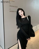 sexy black dress autumn new long sleeve t shirt skirt tight waist split maxi dress women korean fashion style temperament kpop