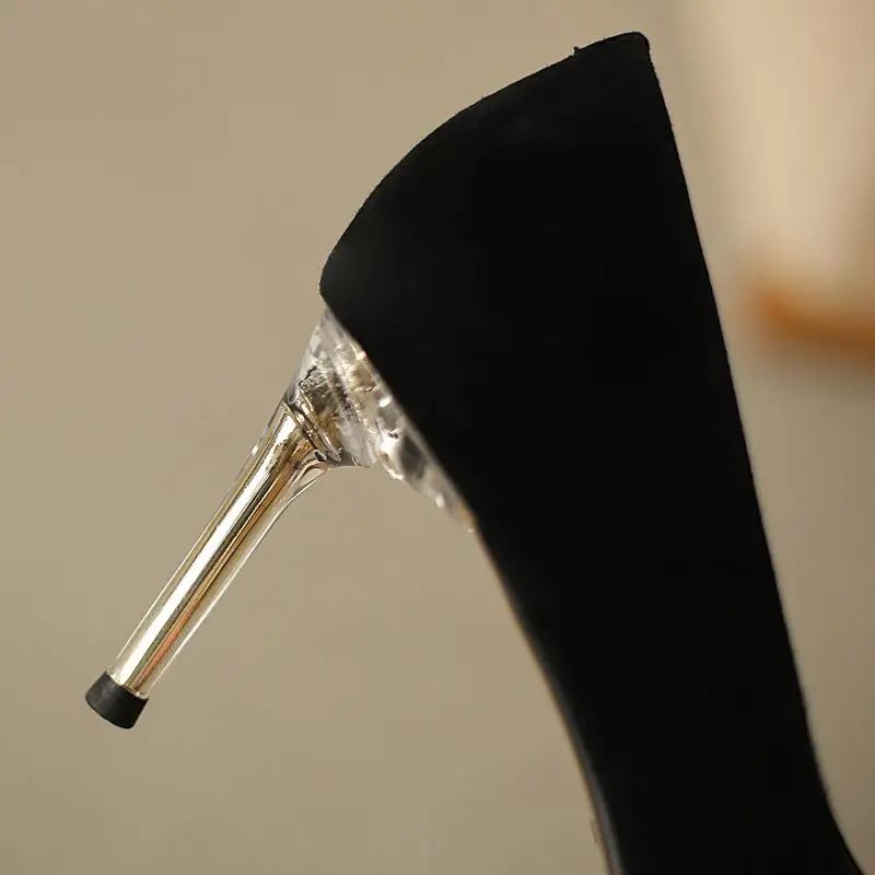 

ALLBITEFO Rhinestone Design Thin Heel Soft Sheepskin Suede Genuine Leather High Heel Shoes Fashion Women Heels Shoes High Heels