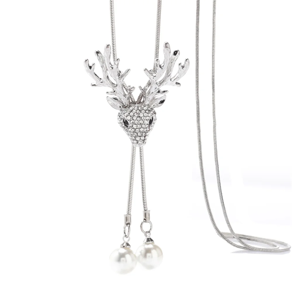 Женская Длинная цепочка на свитер ожерелье Стразы олень жемчужная подвеска