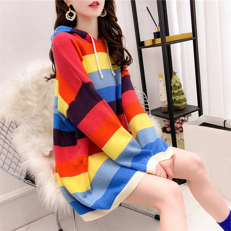 Женский милый полосатый свитер шикарные пуловеры с радугой милые капюшоном Sueter