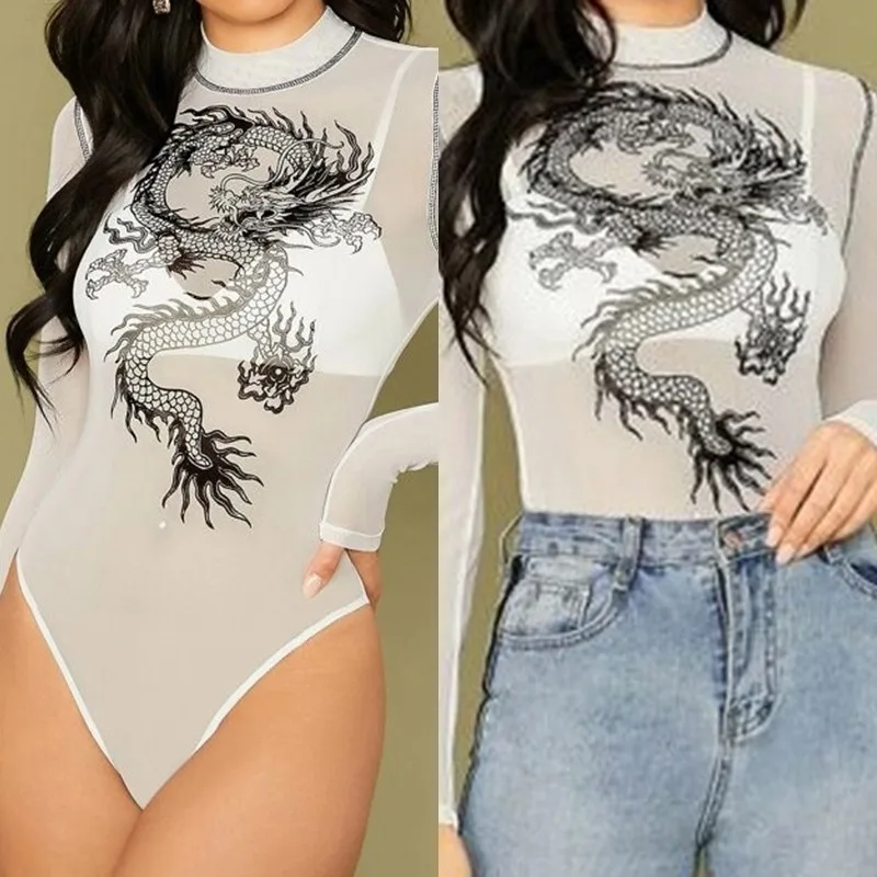 Женское боди с длинным рукавом повседневное высоким воротником и принтом