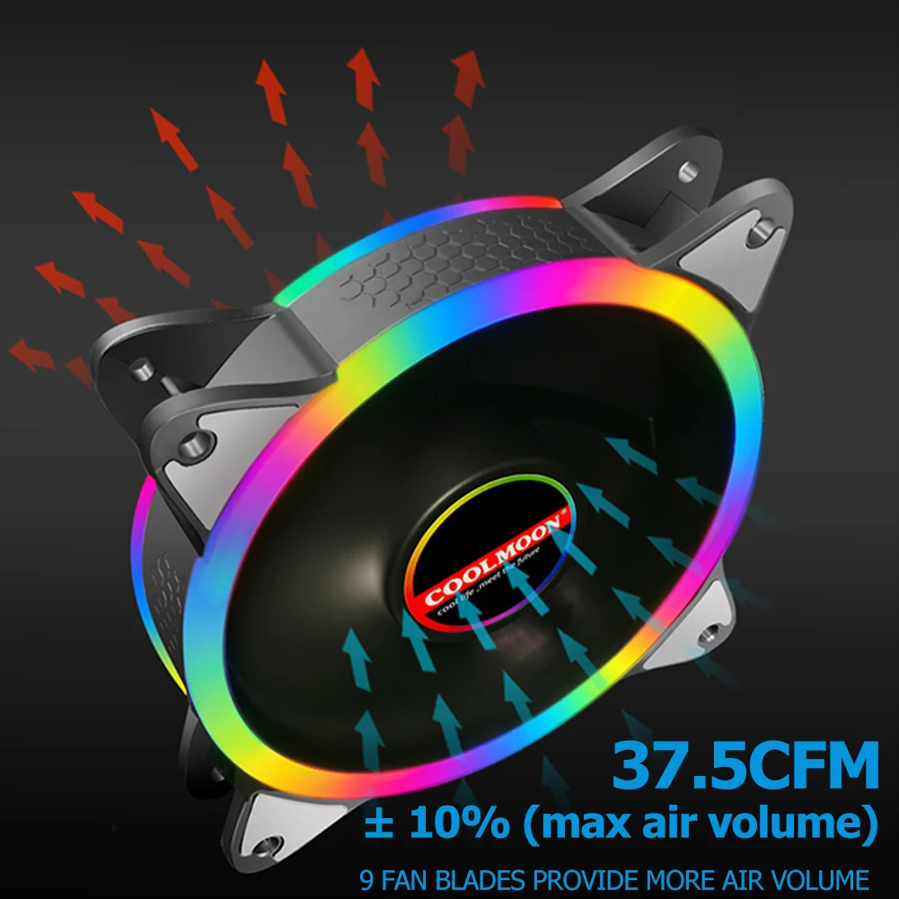 

COOLMOON 12cm Cooling Fan DC 12V Large 4 Pin Mute Rainbow Lighting Heatsink Radiator for Desktop Chassis PC Case